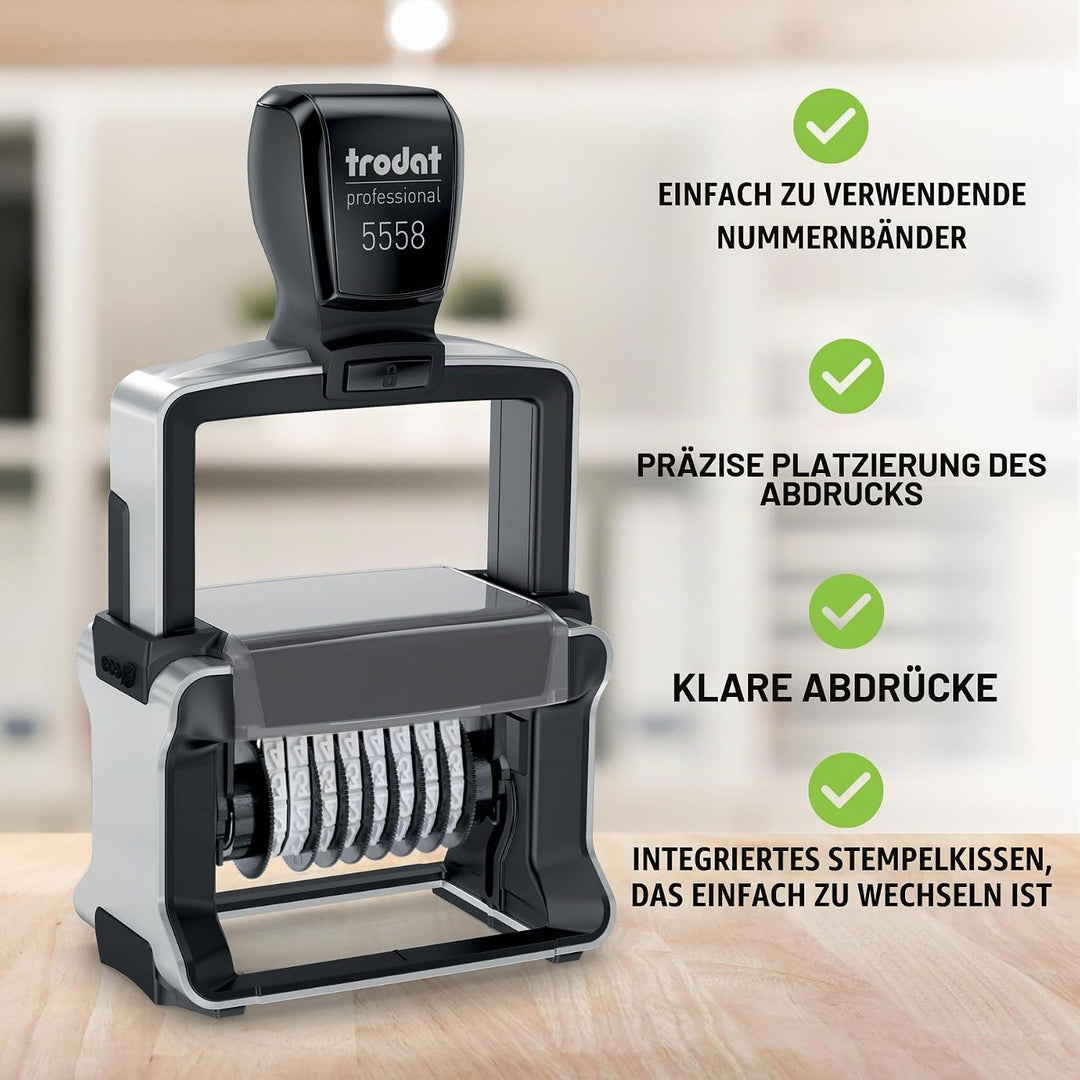 Trodat Professional 5558 Nummernstempel 8 Bänder, Selbstfärbend, 5 mm Schrifthöhe, Abdruck schwarz 8