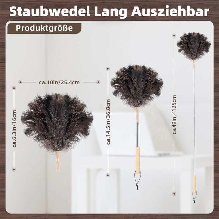 Staubwedel Straussenfedern, Staubwedel Teleskop Waschbar, Ausziehbar bis 125cm für Decken & empfindl