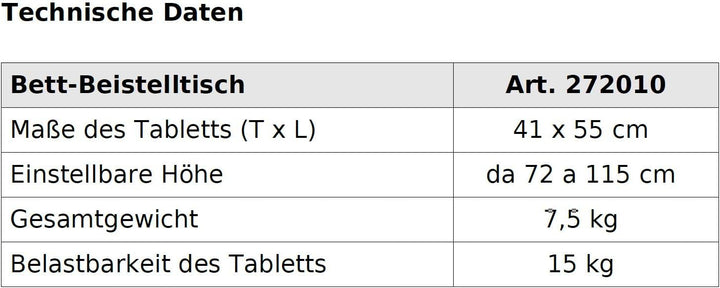FabaCare Beistelltisch, Betttisch höhenverstellbar, Pflegetisch auf Rollen, sehr stabil, Tisch für B