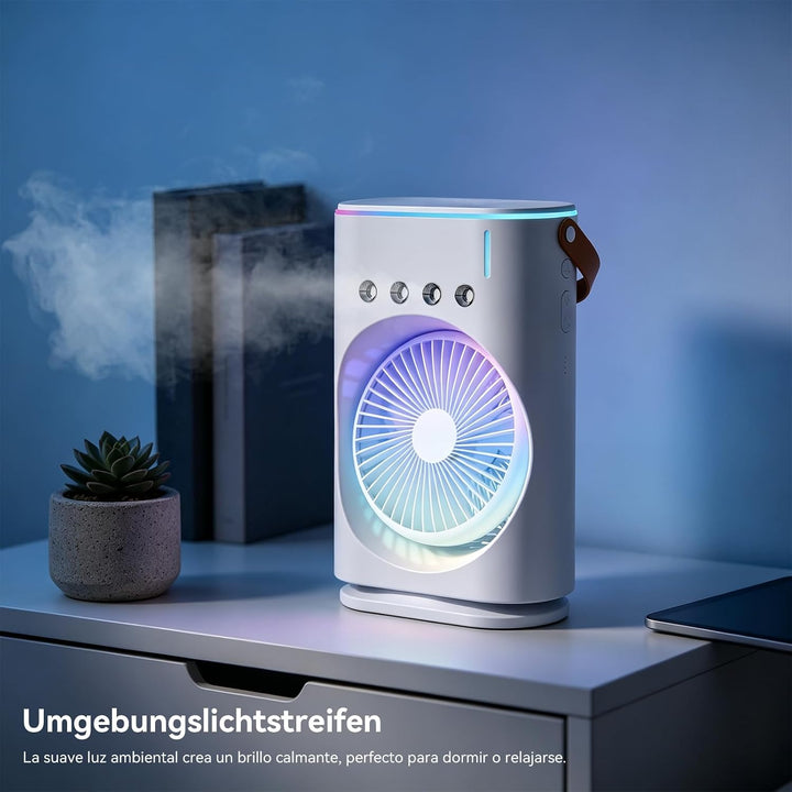 Tragbarer Sprühnebel Tischventilator 350ml Tank,4 Sprühdüsen,3 Windstufen,90° Doppel-Schwenk,3 Taste