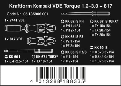 Wera 05135906001 extra Slim Set Kraftform Kompakt VDE Torque 1,2-3,0 Nm + 817, 16-teilig, Stück, One