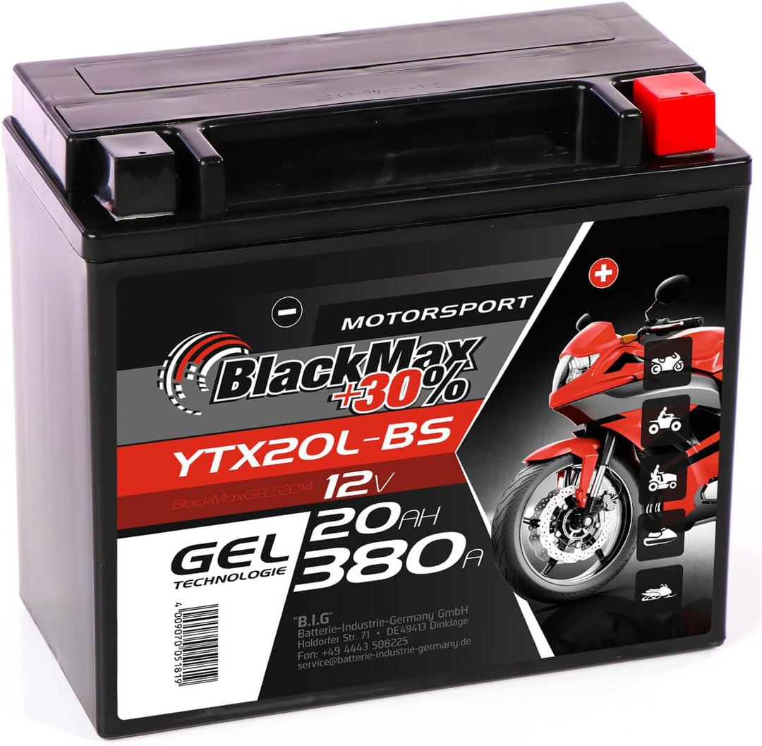 BlackMax YTX20L-BS Motorradbatterie GEL 12V 20Ah GTX20L-BS CTX20L-BS Outlander 20Ah - 340A - YTX20L-