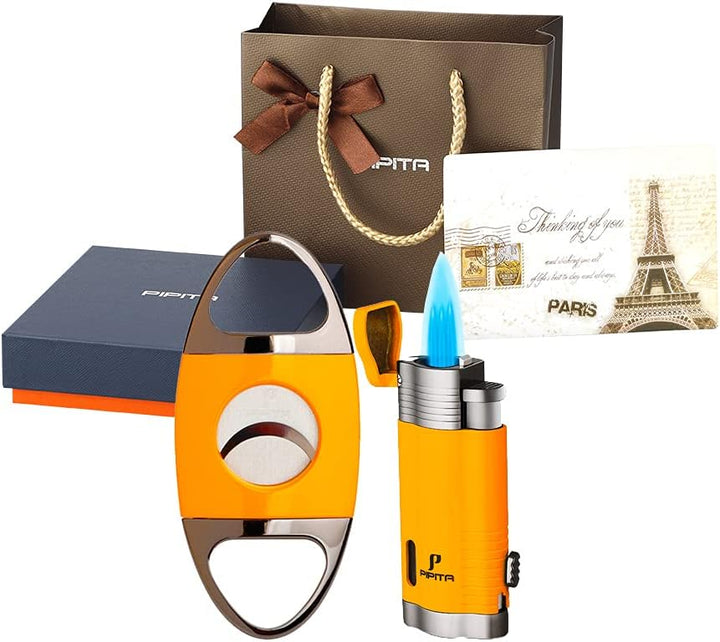 PIPITA Fackel Feuerzeuge Geschenk Sets, Winddichter Triple Jet Blue Flame Nachfüllbar Butangasfeuerz
