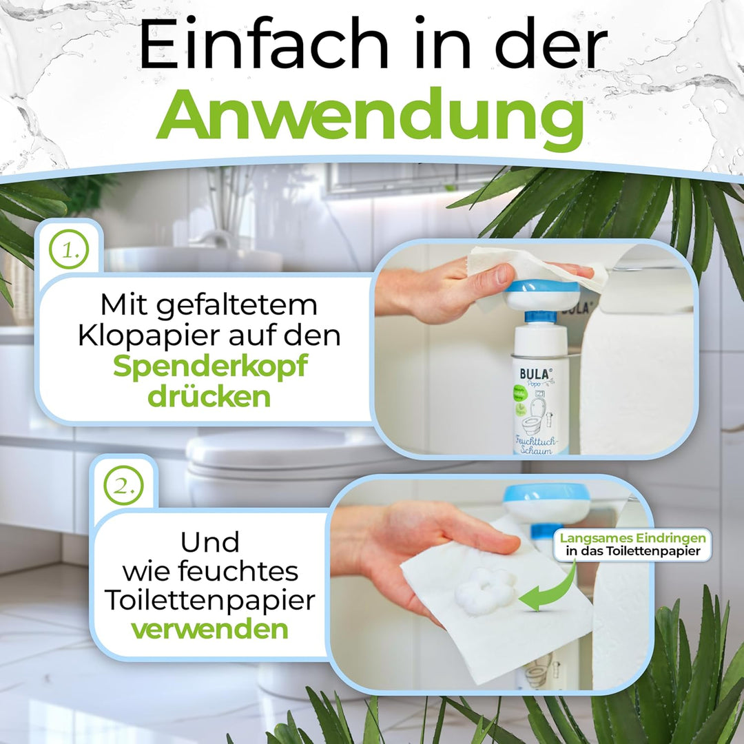 BULA® Popo Home Bundle | Feuchttuch-Schaum 150ml Flasche + Blumen-Schaumpumpe inkl. Edelstahl Halter