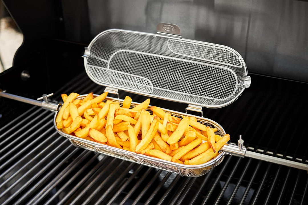 RÖSLE Drehspiesskorb, Hochwertiger Grillspiesskorb für Kartoffelspalten und Gemüsewürfel, passend zu