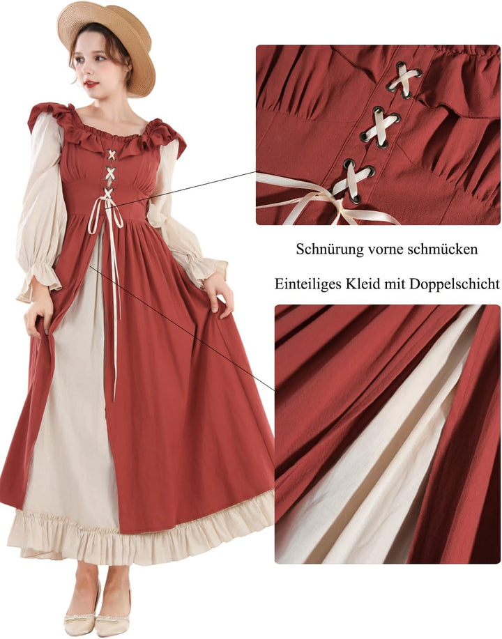Fiamll Renaissance Kleid Damen Mittelalter Renaissance Faire Kleid Langarm Irisches Kleid Retro Vikt