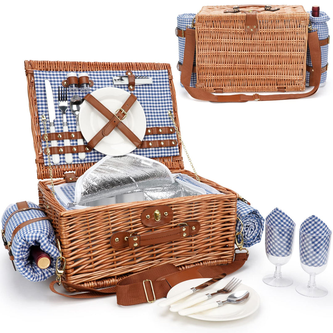 Picknickkörbe für 2, Picknickkorb mit wasserdichter Decke, Picknickkorb Set mit waschbarer Strandmat