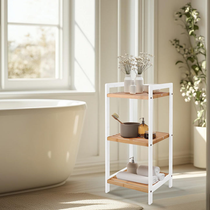 Rosenstein & Söhne Regal: Bambus-Standregal mit 3 Ablagen, 30 x 70 x 30 cm, weiss/Bambus (Bad Regal,