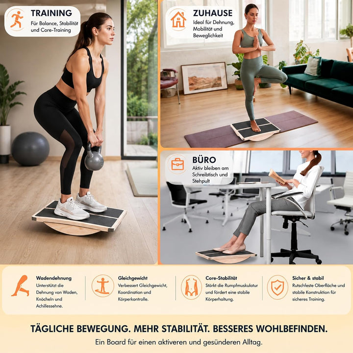 Professionelles 2-in-1 Holz Schrägbrett & Balance Board Verstellbares Neigungsbrett und Wadendehner,