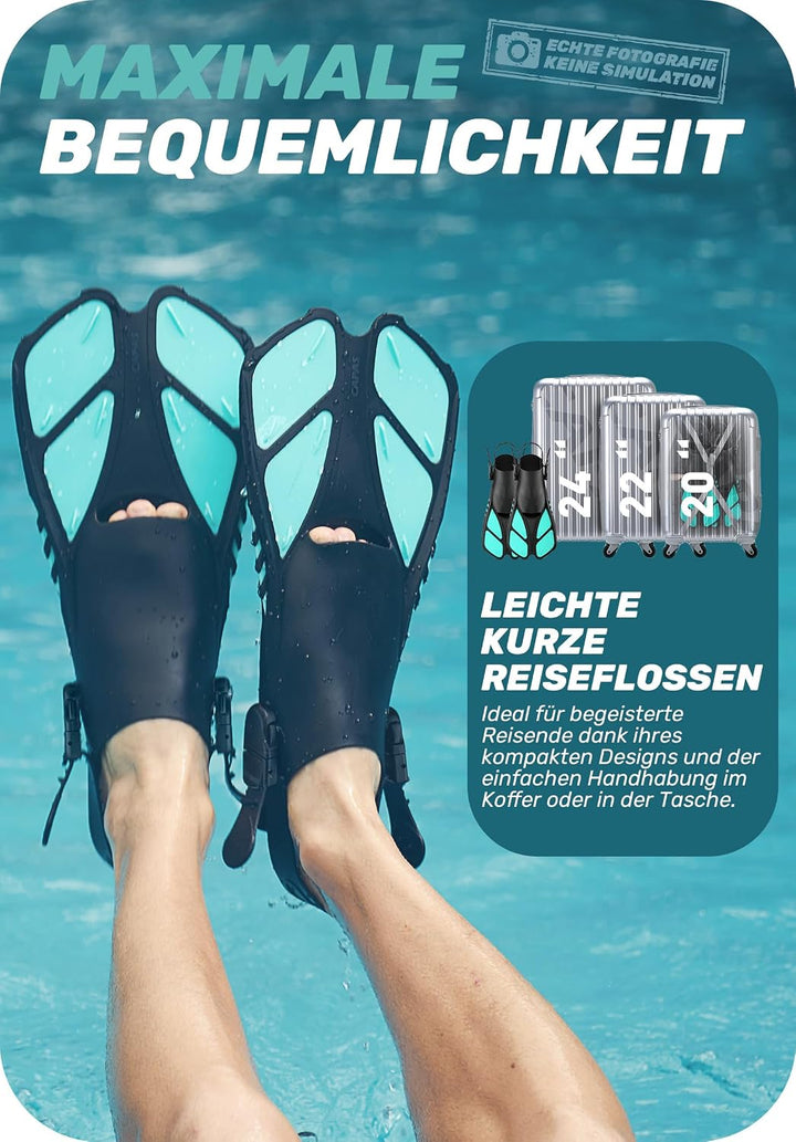 CAPAS Schnorchelflossen, Schwimmflossen Reisegrösse Kurz Einstellbar zum Schnorcheln Tauchen Erwachs