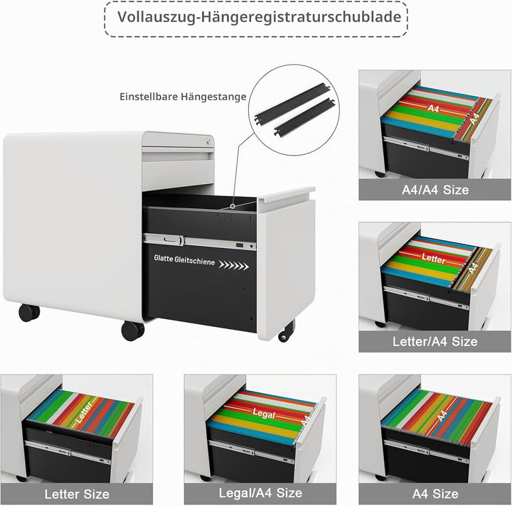 Dripex Metall Rollcontainer Stahl Rollcontainer mit 2 Schubladen und Hängeregistratur Abschliessbare