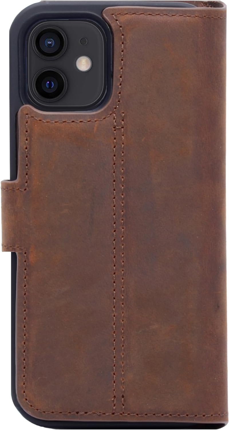 Burkley 2in1 Leder Handytasche für iPhone 12 Mini Handyhülle mit herausnehmbarem Back Cover, 360° Sc