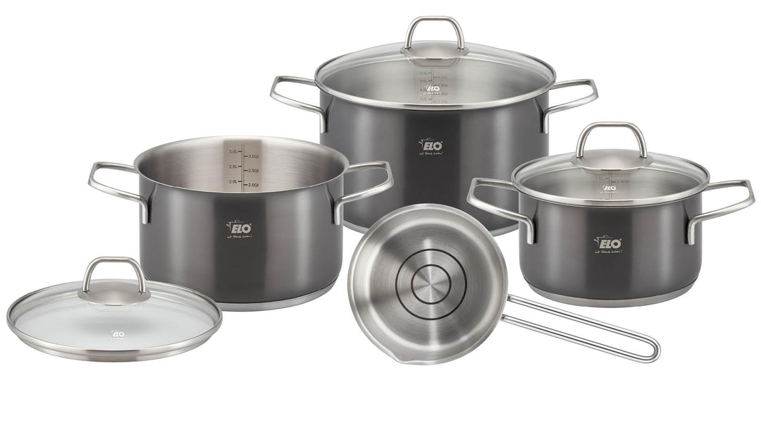 ELO – Twice Select Set 4-teilig, Edelstahl, mit schwarzer PVD Oberflächenveredelung, Volumenskala, e