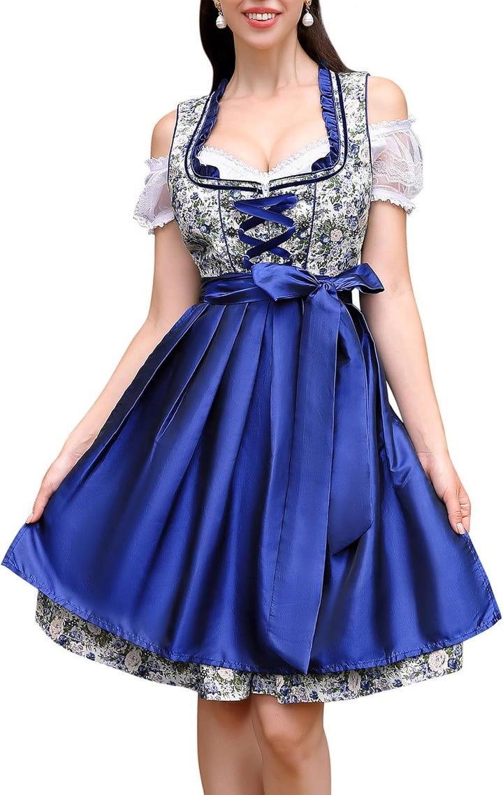 Clearlove Damen Dirndl midi 3tlg.Trachtenkleid für Oktoberfest,Karneval,DREI Teilig: Kleid, Bluse, S
