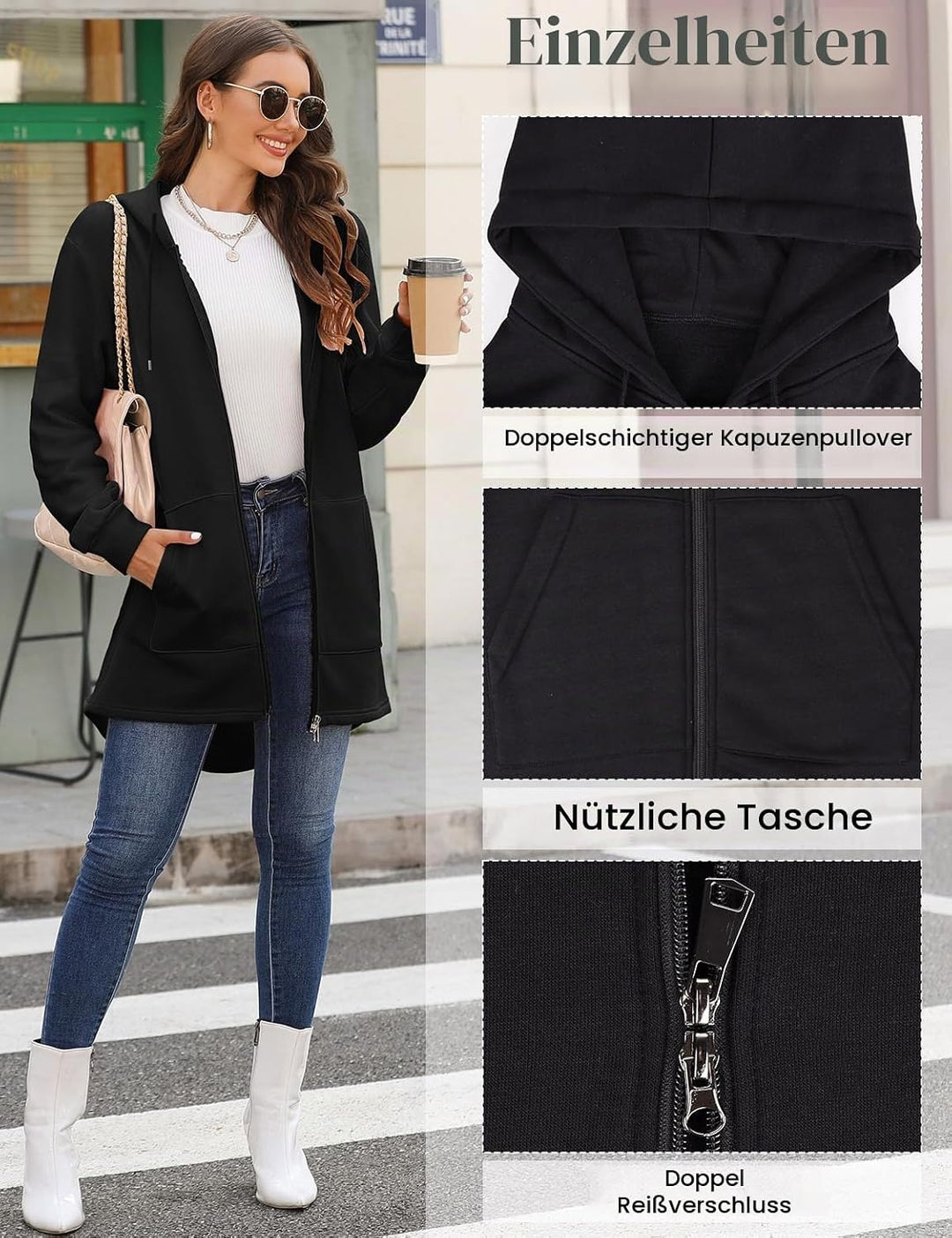 Tuopuda Damen Hoodie Jacke Oversize Reissverschluss Winterjacke Langarm Mantel Winter Warm Cardigan