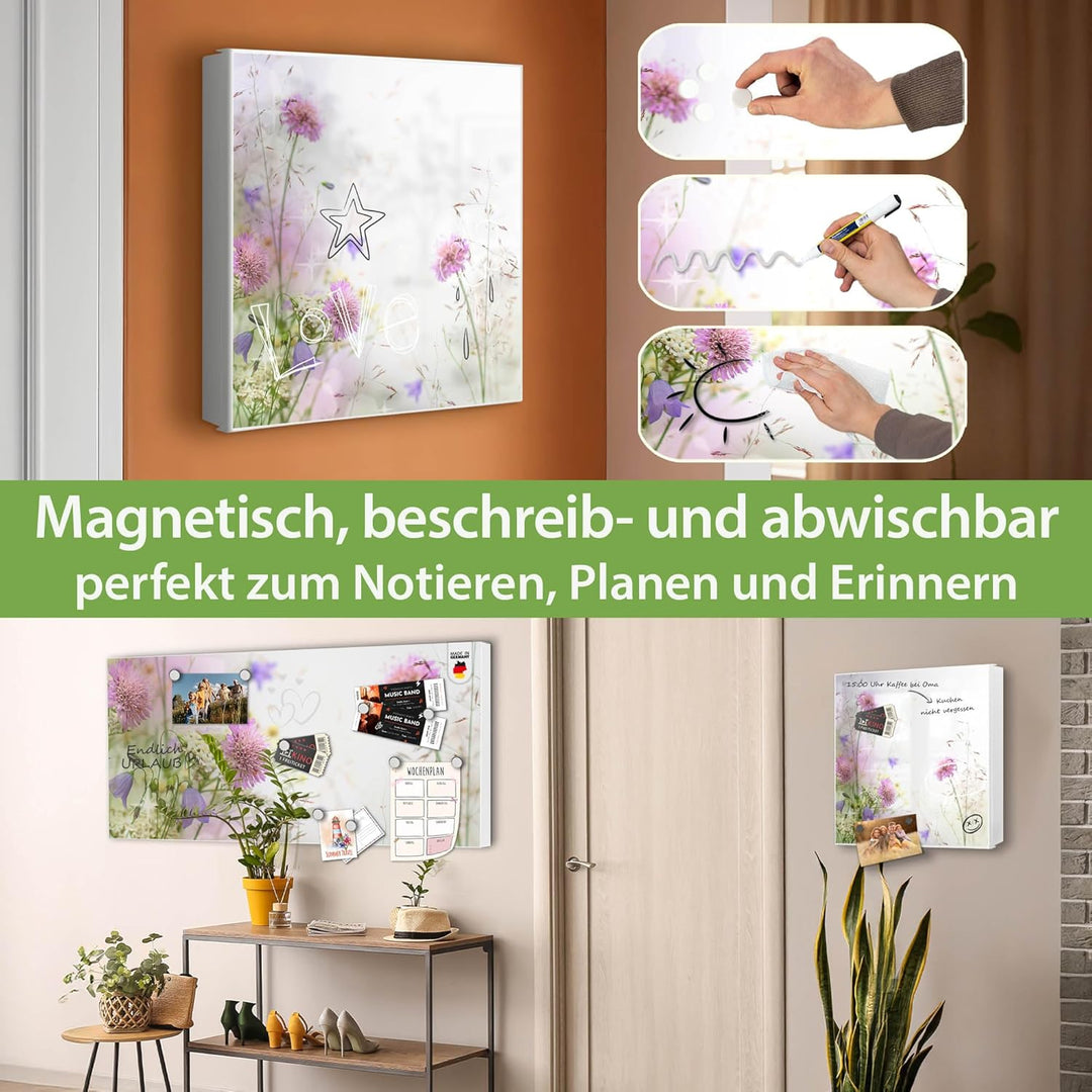 banjado® Grosser Schlüsselkasten Glas/Schlüsselbox 30cm x 30cm mit 50 Haken - Motiv Glitzernde Wiese
