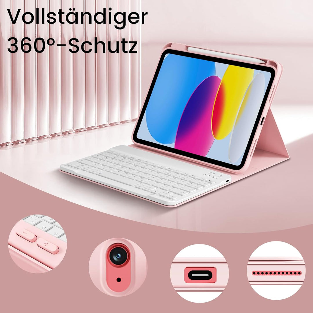 Hülle mit Tastatur für iPad 11/10 Generation mit Stifthalter, Magnetisch Abnehmbare Kabellose Blueto