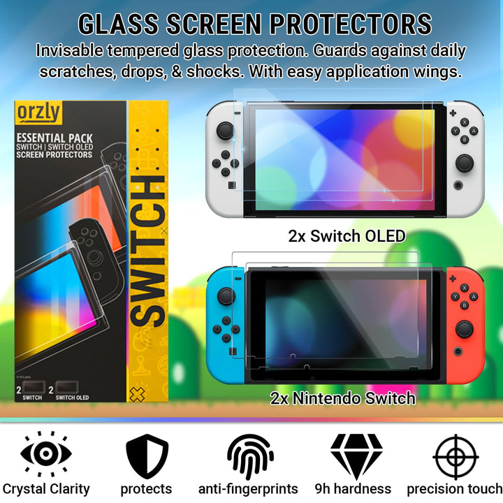 Orzly Switch Accessories Bundle Geek Pack for Nintendo Switch: Case & Screen Protector, Joycon Grips