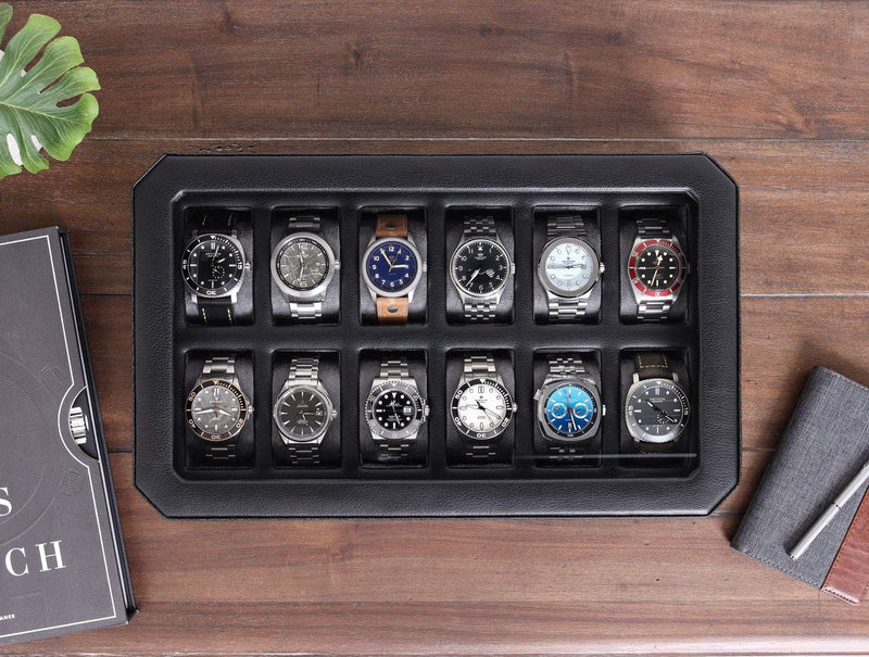 ROTHWELL 12 Slot Leder Uhrenbox für Herren - Luxus Uhrenetui Display Organizer, Herren Aufbewahrungs