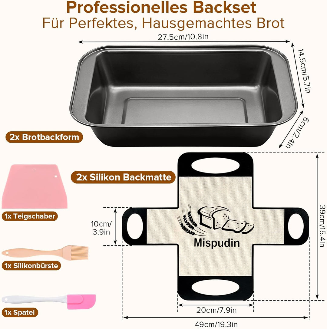 Brotbackform Karbonstahl 2er Set, Antihaft Kastenform Brot 27.5X14.5X6cm mit 2 Backmatte & Backwerkz