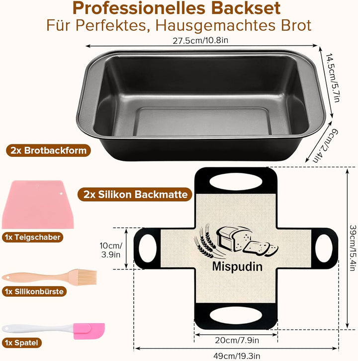 Brotbackform Karbonstahl 2er Set, Antihaft Kastenform Brot 27.5X14.5X6cm mit 2 Backmatte & Backwerkz