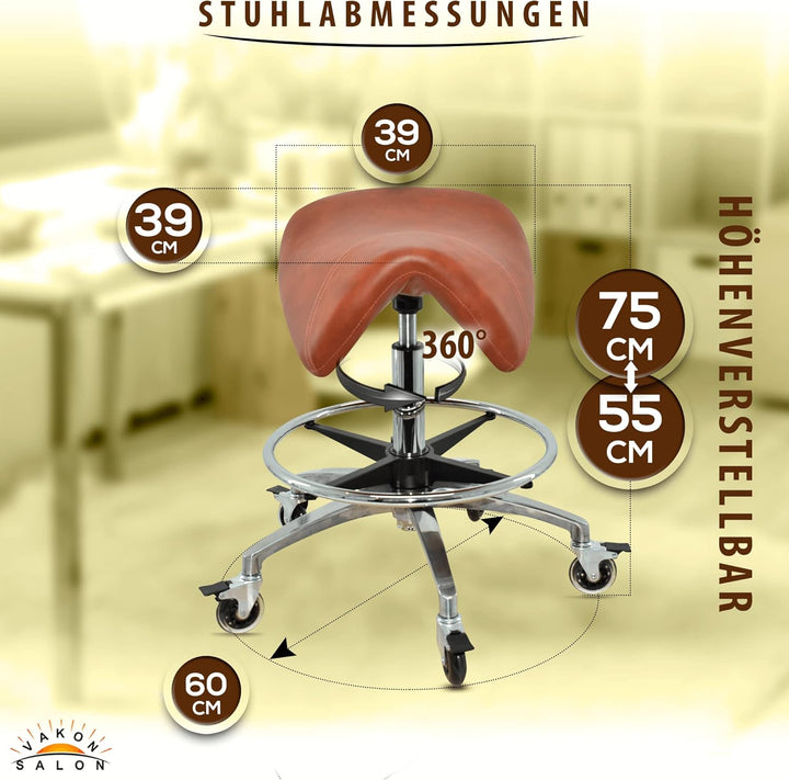 Premium Sattelhocker Hellbraun mit Bremse, Sattelstuhl für Rückenentlastung, Rollhocker höhenverstel