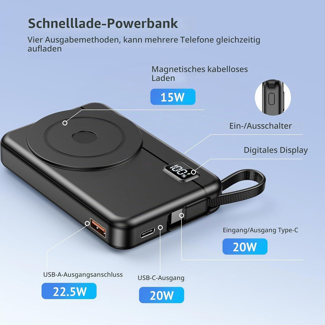 Powerbank für Magsafe10000mAh 22.5W Magnetische - Kabelloses Externe Handyakkus mit Typ-C-Eingang un