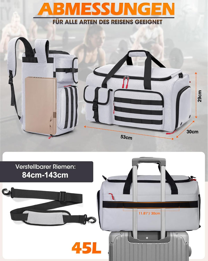 RAINSMORE 3 IN 1 Sporttasche Herren 45L Reisetasche Rucksackfunktion Handgepäck mit Schuhfach Latopf