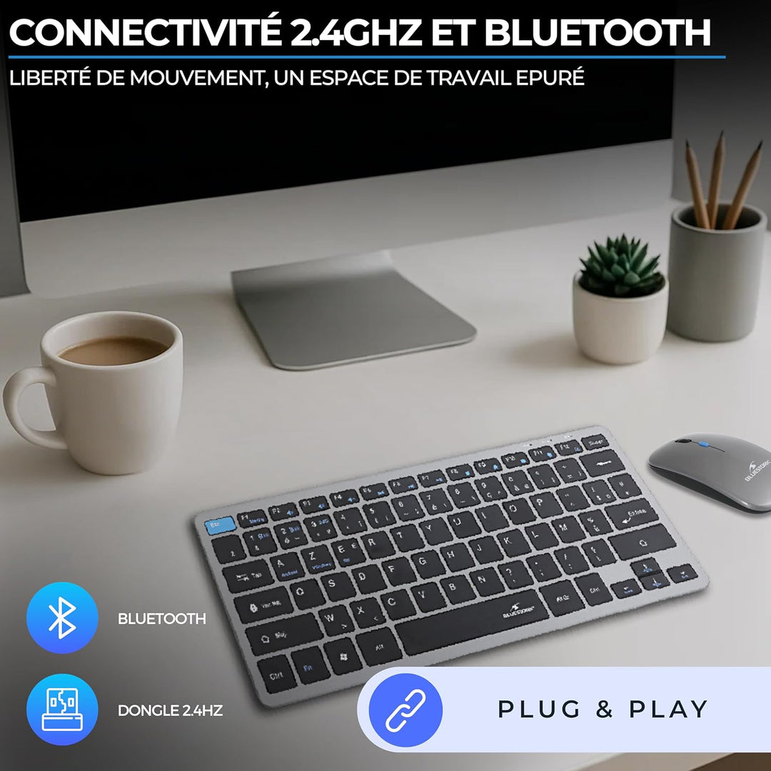 Bluestork - Set Mini V2 kabellose Tastatur Maus wiederaufladbar – kabellose AZERTY-Tastatur, kompakt