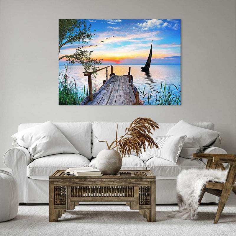 ARTTOR Bilder auf Leinwand 100x70cm Leinwandbild mit Rahmen Brücke See Gross Wanddeko Bild Schlafzim