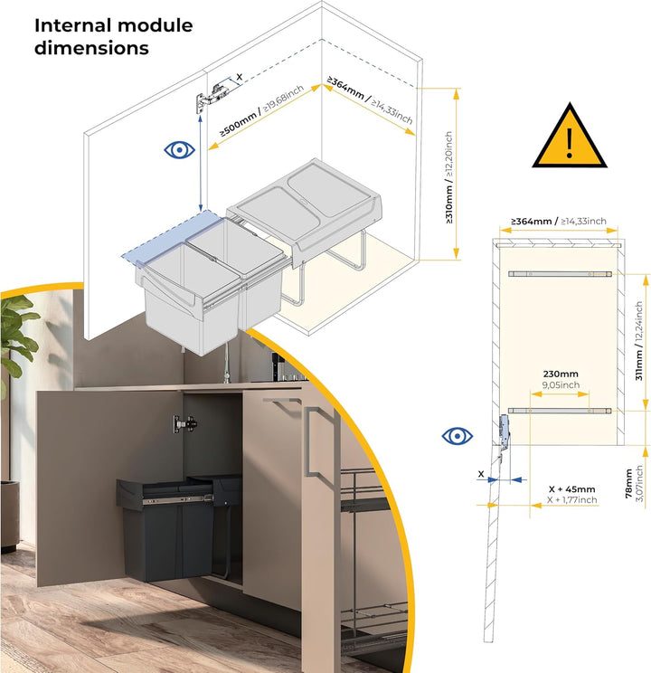 Emuca - Küchenabfalleimer mit unterseitiger Befestigung, 2 ausziehbarer 15 L Recycle-Mülleimer, Gesa