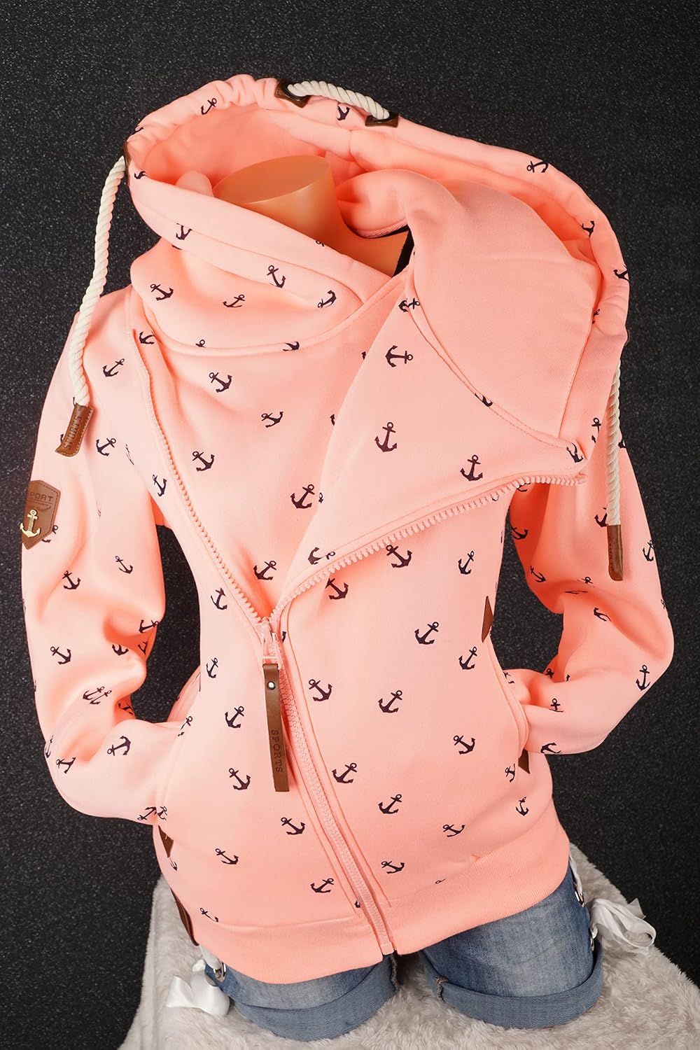 VIN TE Damen Sweat Jacke XXL Kapuze Hoodie Übergangsjacke Fleece gefüttert schräger Reissverschluss
