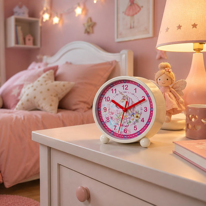 K&amp;L Wall Art Rosa Kinderwecker Einhorn Lernuhr Kinder Tischuhr Mädchen Kinderzimmer Tischwecker mit