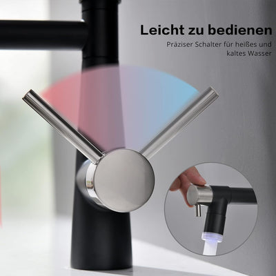 TIMACO LED Gebürstetes Nickel und Schwarz Wasserhahn Küche mit Schloss Brause Ausziehbar - 360° Schw