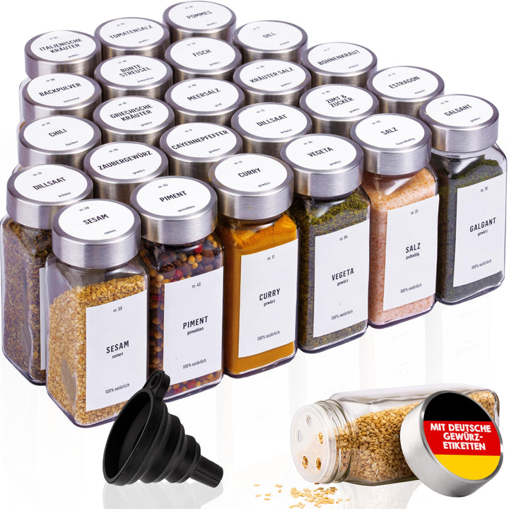 Deco haus® Gewürzgläser eckig mit Schraubkappe 24er Set [+Etiketten & Streueinsatz] - Gewürzdosen Se