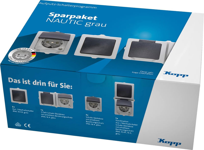 Kopp Nautic Spar-Paket grau: 2X Aus-Wechsel-Schalter + 3X 1-Fach Klappdeckel-Steckdose + 1x 2-Fach K