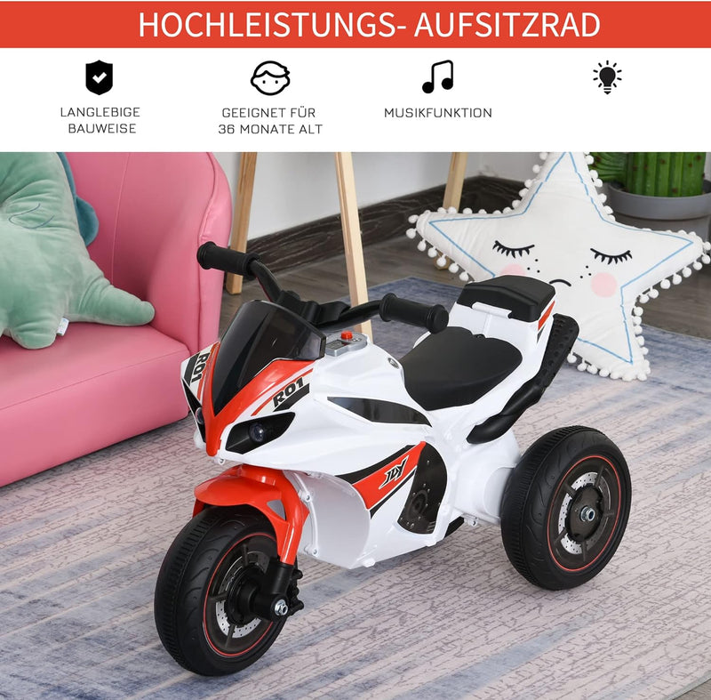 HOMCOM Rutscher Kinder-Motorad Rutscherfahrzeug Kinderfahrzeug für 18-36 Monate mit Musik Weiss 74 x