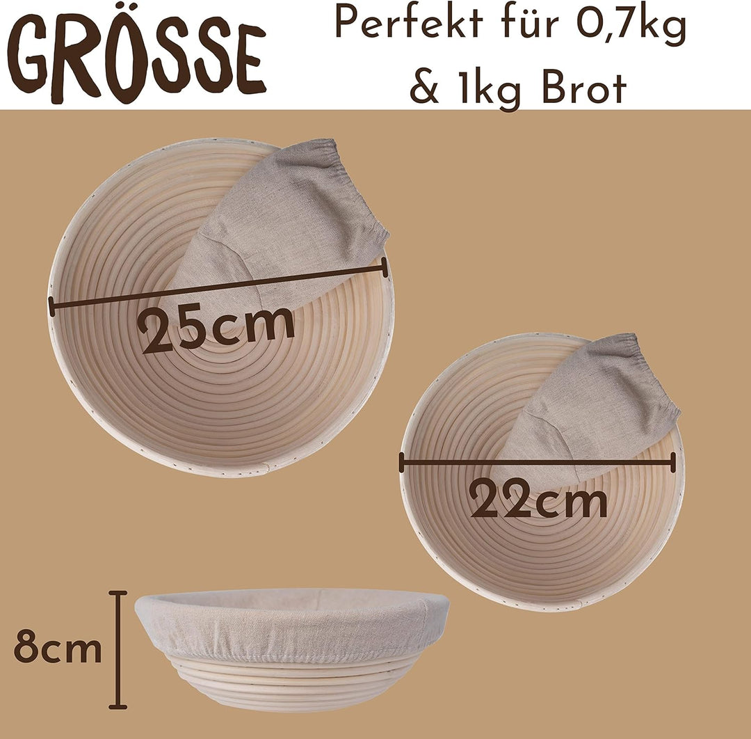 riijk Gärkorb 2er Set + Teigschaber, 2 Gärkörbe für Brot und Brotteig - Peddigrohr (rund, 22 und 25
