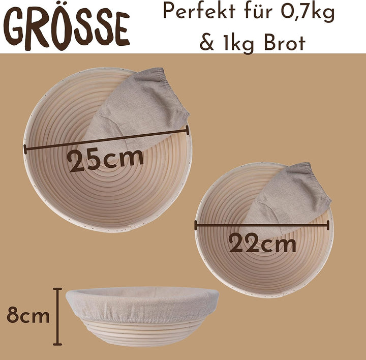 riijk Gärkorb 2er Set + Teigschaber, 2 Gärkörbe für Brot und Brotteig - Peddigrohr (rund, 22 und 25