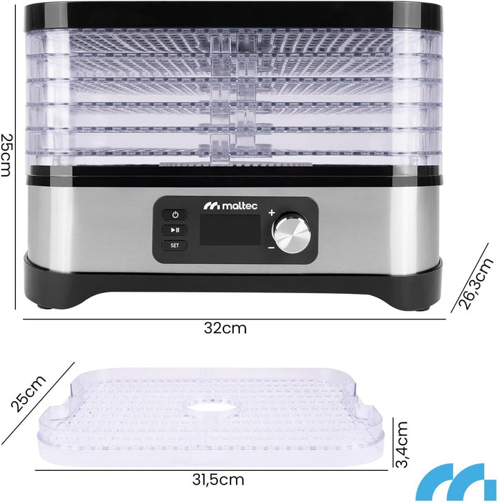 MalTec Dörautomat mit Timer Dörrgerät 450W Lufttrockner mit 5 Ebene für Lebensmittel Pilzen/Fleisch/