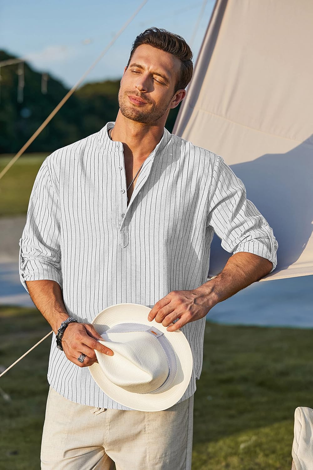 COOFANDY Herren Hemd Langarm Henley Shirt Leinenhemd Baumwolle Casual Regular Fit Sommerhemd Weisse