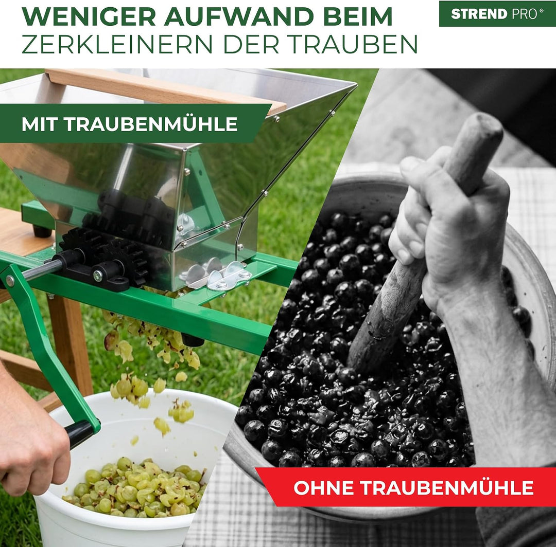 STREND PRO Traubenmühle 7 L Edelstahl ohne Ständer | Maischemühle Beerenmühle mit Handkurbel | Traub