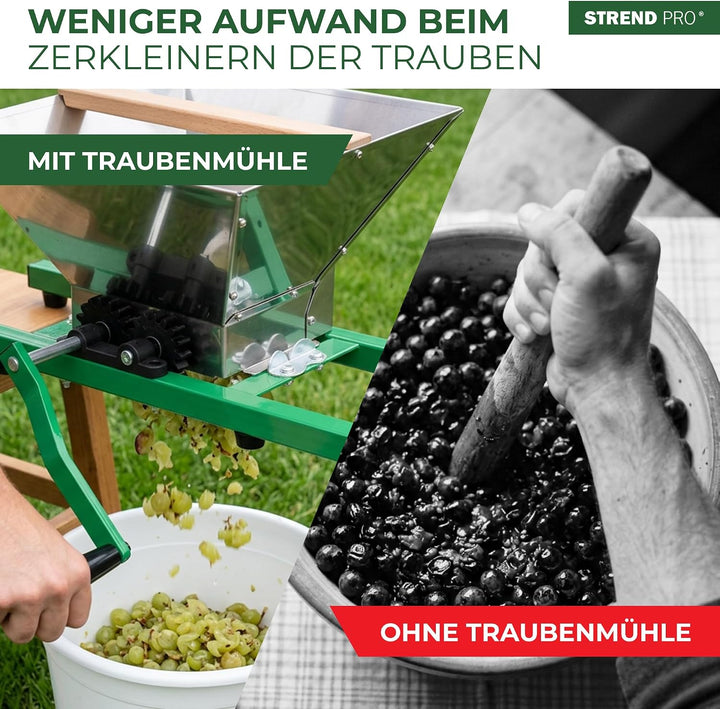 STREND PRO Traubenmühle 7 L Edelstahl ohne Ständer | Maischemühle Beerenmühle mit Handkurbel | Traub