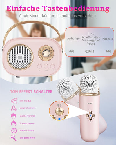 PRUNUS Karaoke Maschine Kinder mit 2 Mikrofonen, Mini Karaoke Set mit Stereosound und Heavy Bass für