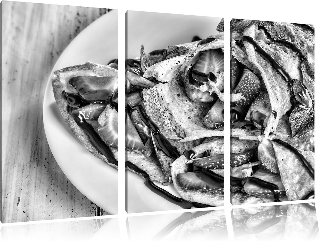 Pixxprint Monocrome, Crépes mit Erdbeeren 3-Teiler Leinwandbild 120x80 Bild auf Leinwand