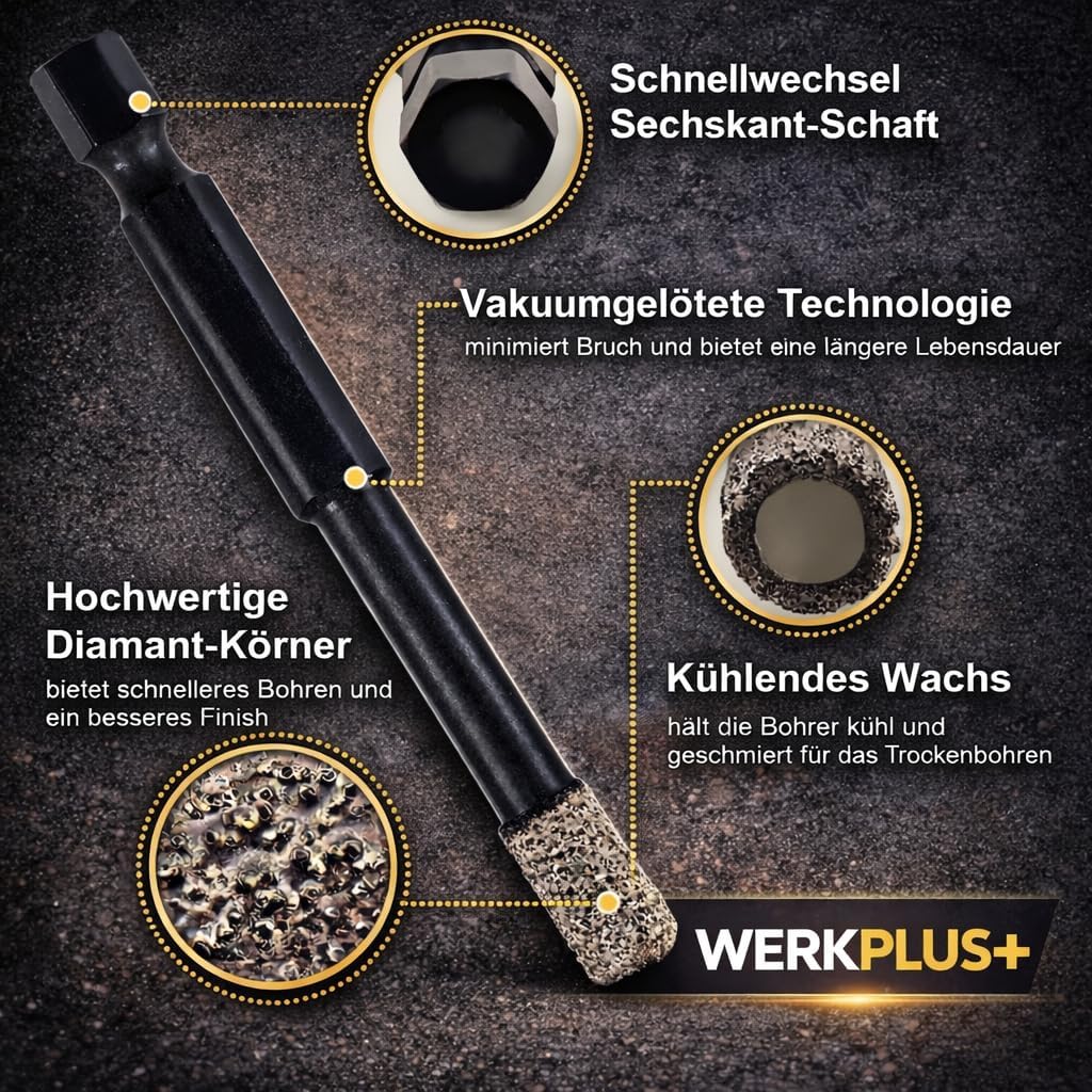 Fliesenbohrer Diamantbohrer 5er-Set (6|6|8|10|12mm) inkl. Karbid Anbohrer ideal für Keramik, Feinste