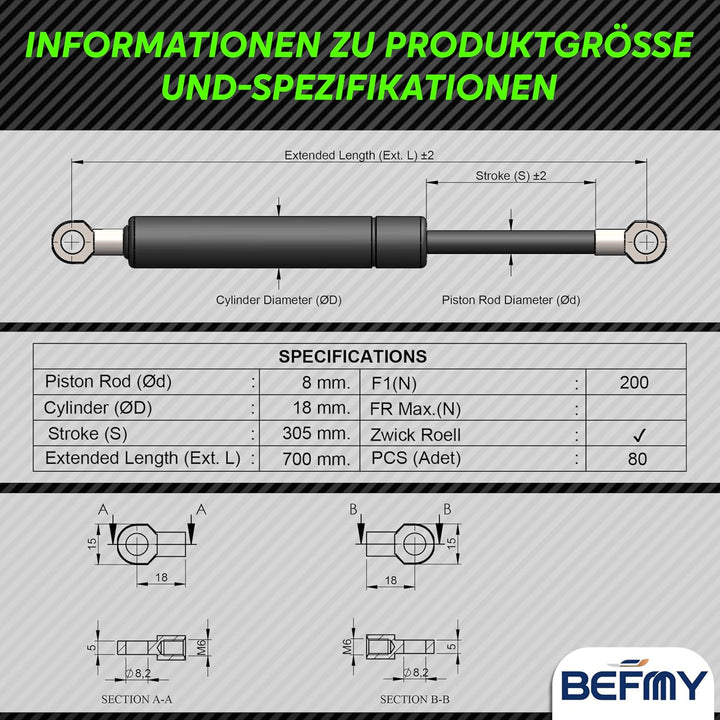 Gasdruckfeder Schwarz 250-900mm | Universal Gasdruckdämpfer 200N-900N | Robuste Konstruktion mit Öse