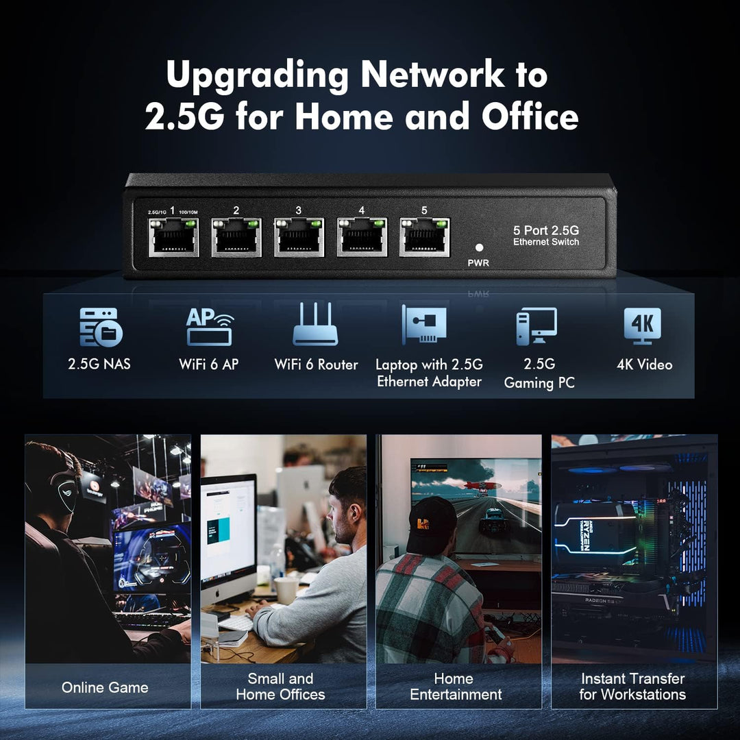 Binardat 5 Port 2.5G Switch, 5 x 2.5 Gigabit RJ-45 Base-T Ports, Unmanaged Multi-Gigabit Desktop Eth