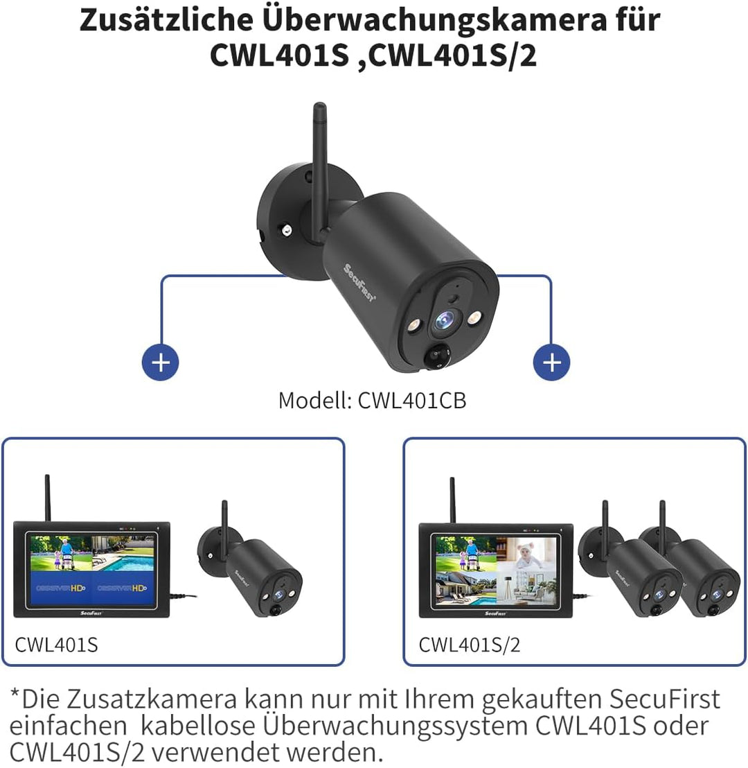 SecuFirst 2K Zusatzkamera für Überwachungskameras Aussen Set (CWL401S,CWL401S/2),Arbeiten Sie nur mi