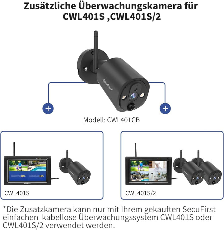 SecuFirst 2K Zusatzkamera für Überwachungskameras Aussen Set (CWL401S,CWL401S/2),Arbeiten Sie nur mi